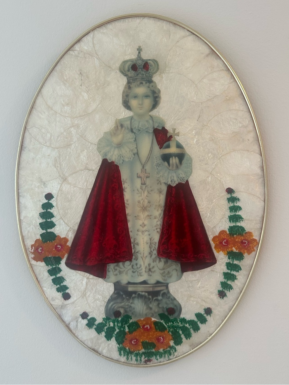 Vintage Infant of Prague Jesus Capiz Shell Religious Wall Art